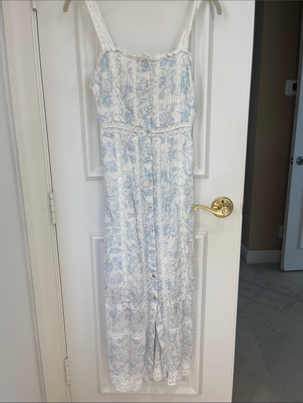 LoveShackFancy White and Light Blue Button-Front Midi Dress